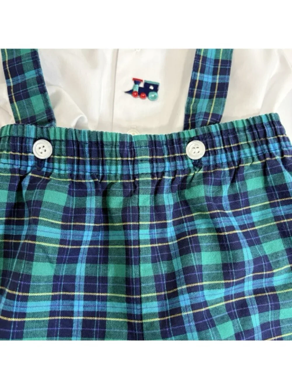 Michael James Green Blue Plaid Train Vintage 90’s Romper